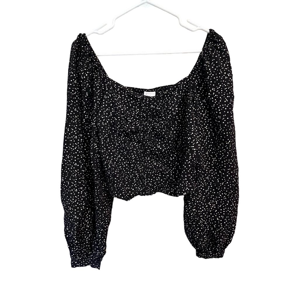 A New Day Boho Black White Balloon Sleeve Blouse Ruched Crop Top Size Medium - Picture 5 of 12